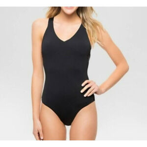 Sunn Lab Swim Black Strappy Back One Piece Swimsuit Plunge Neck Size Large